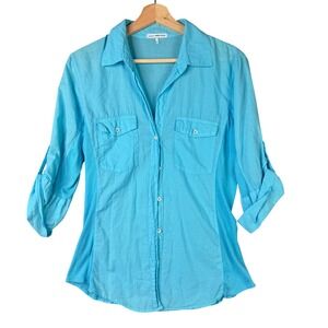 James Perse Mixed Media Button Up Shirt WLC3321 Cyan Blue Roll Tab Size 4